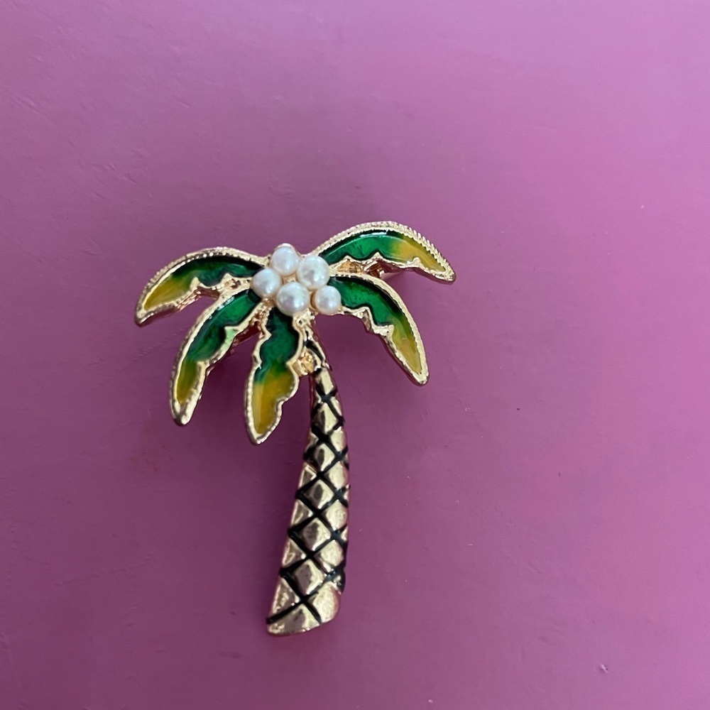 Brooch, Vintage Palm Tree, Green Enamel with Pearl Coconuts, 1 3/…